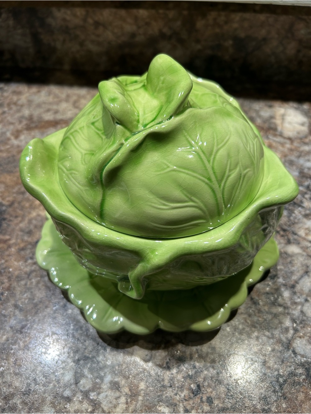Green Ceramic Cabbage Tureen w/Underplate